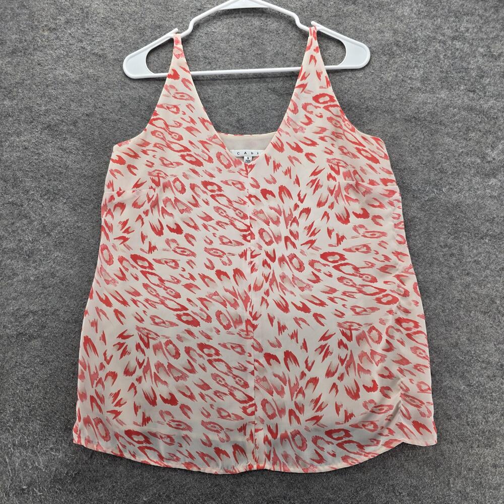 CAbi Tank Top Womens Small Ivory Coral Abstract Print V Neck Sleeveless Lined
